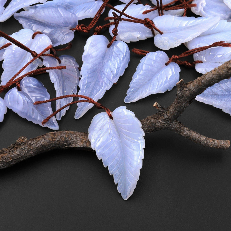 Hand Carved Natural Blue Chalcedony Lace Agate Leaf Pendant Bead Drilled Gemstone A5