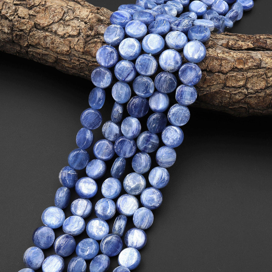 Chatoyant Natural Silvery Blue Kyanite Coin Beads 10mm 15.5" Strand
