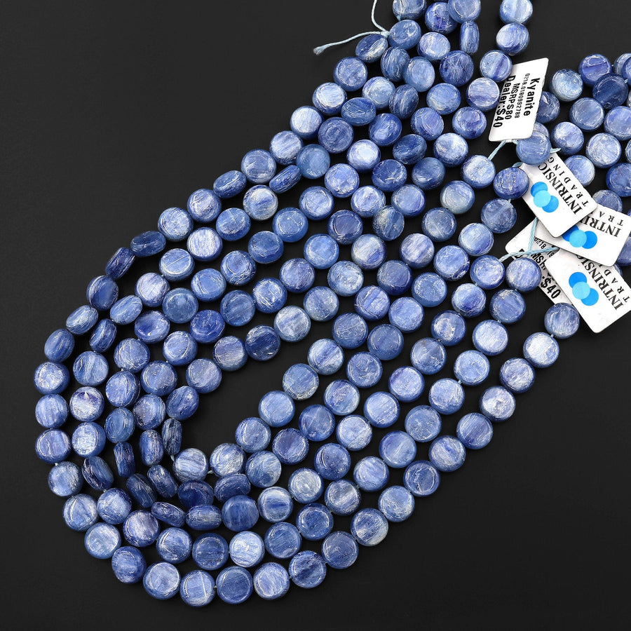 Chatoyant Natural Silvery Blue Kyanite Coin Beads 10mm 15.5" Strand