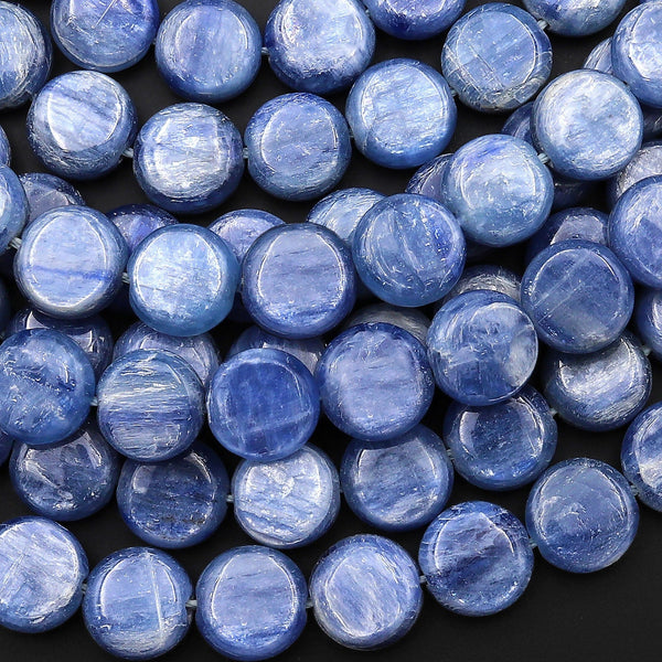 Chatoyant Natural Silvery Blue Kyanite Coin Beads 10mm 15.5" Strand