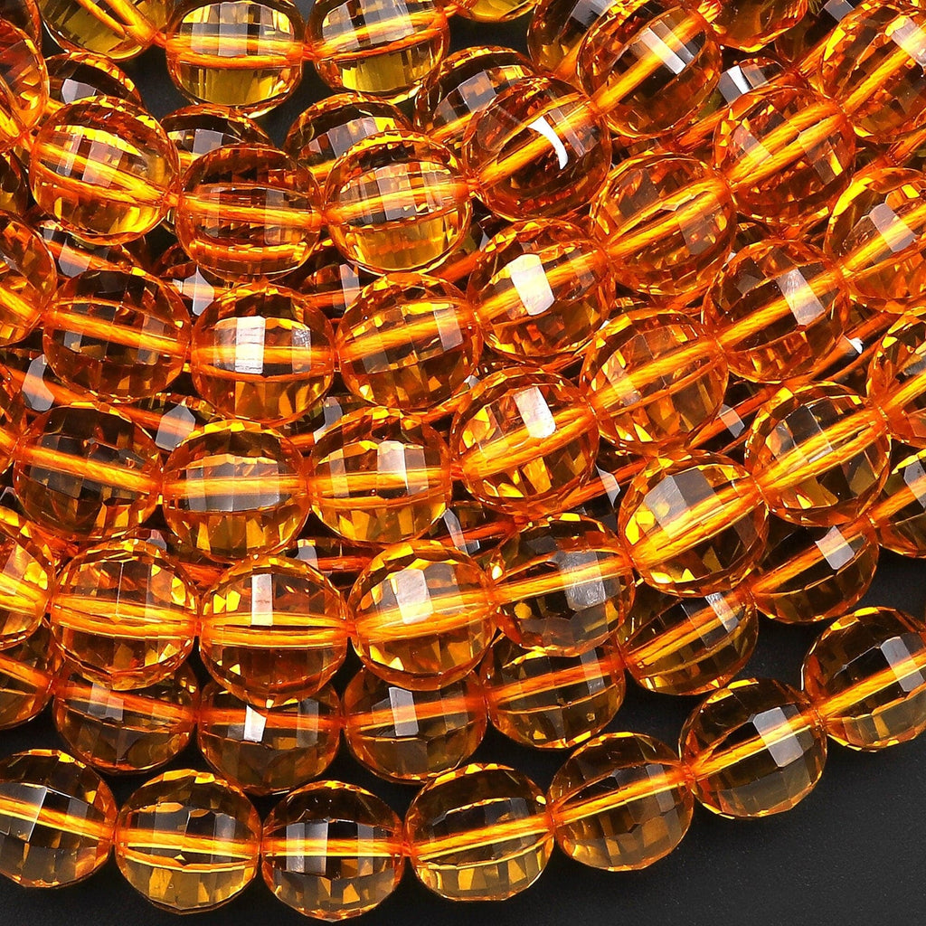 Faceted Golden Citrine 8mm 10mm Round Beads Geometric Lantern Cut Sparkling Gemstone 15.5" Strand