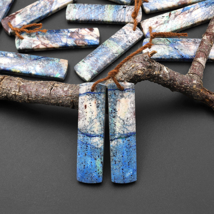 Real Natural Lightening Azurite Rectangle Earrings Matched Gemstone Bead Pair From Arizona