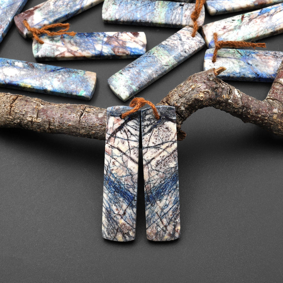 Rare Natural Lightening Azurite Rectangle Earrings Matched Gemstone Bead Pair From Arizona EC0402