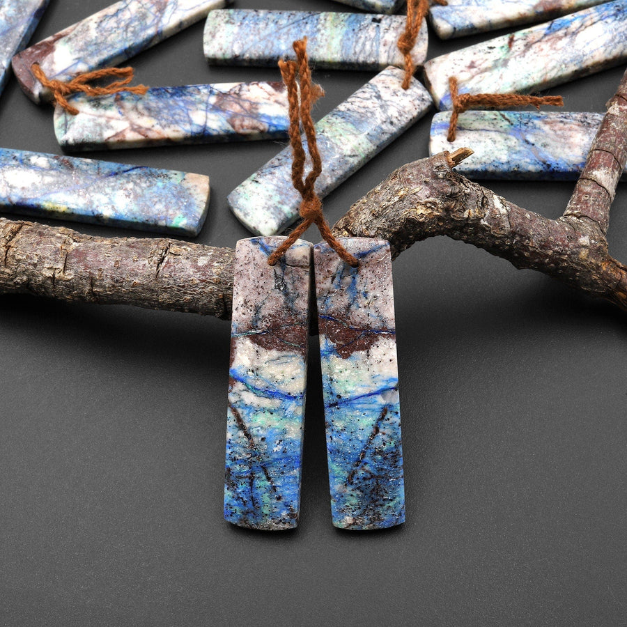 Real Natural Lightening Azurite Rectangle Earrings Matched Gemstone Bead Pair From Arizona