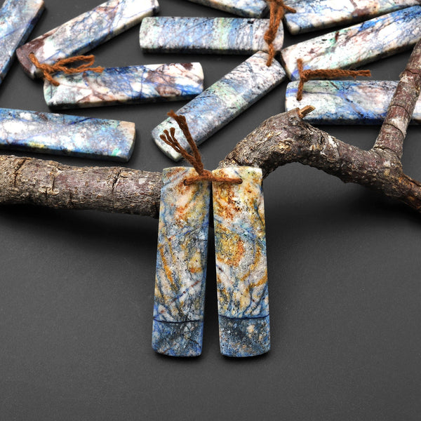 Real Natural Lightening Azurite Rectangle Earrings Matched Gemstone Bead Pair From Arizona A1