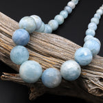 Graduated Natural Aquamarine Faceted Round Beads Blue Gemstone Beads 17" Strand