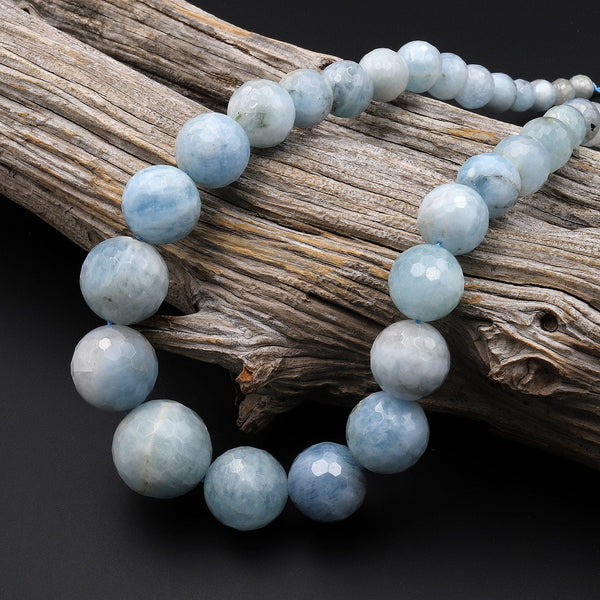 Graduated Natural Aquamarine Faceted Round Beads Blue Gemstone Beads 17" Strand