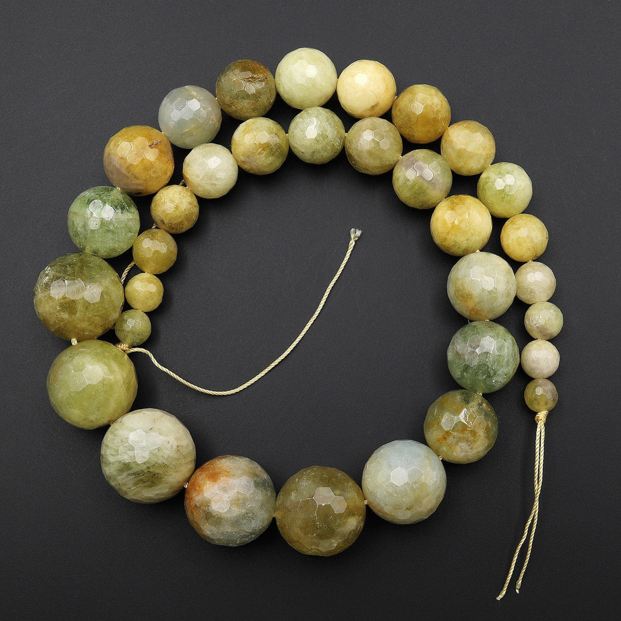 Graduated Natural Yellow Aquamarine Heliodor Faceted Round Beads Blue Gemstone Beads 17" Strand