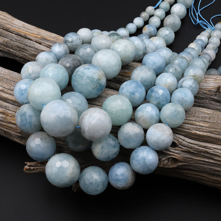 Graduated Natural Aquamarine Faceted Round Beads Blue Gemstone Beads 17" Strand