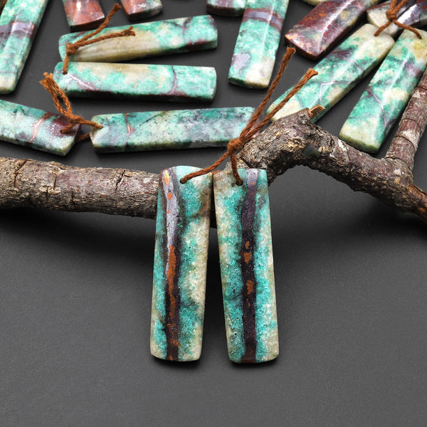 Natural Chrysocolla in Copper Long Rectangle Earring Pair Matched Gemstone Beads From Arizona A4