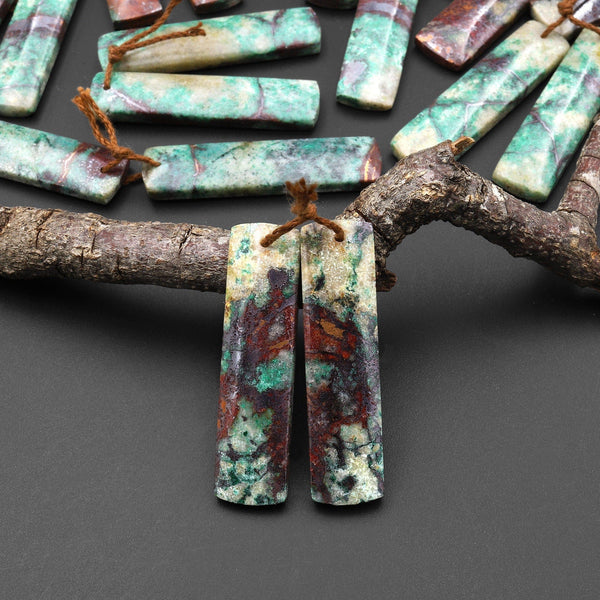 Natural Chrysocolla in Copper Long Rectangle Earring Pair Matched Gemstone Beads From Arizona A7
