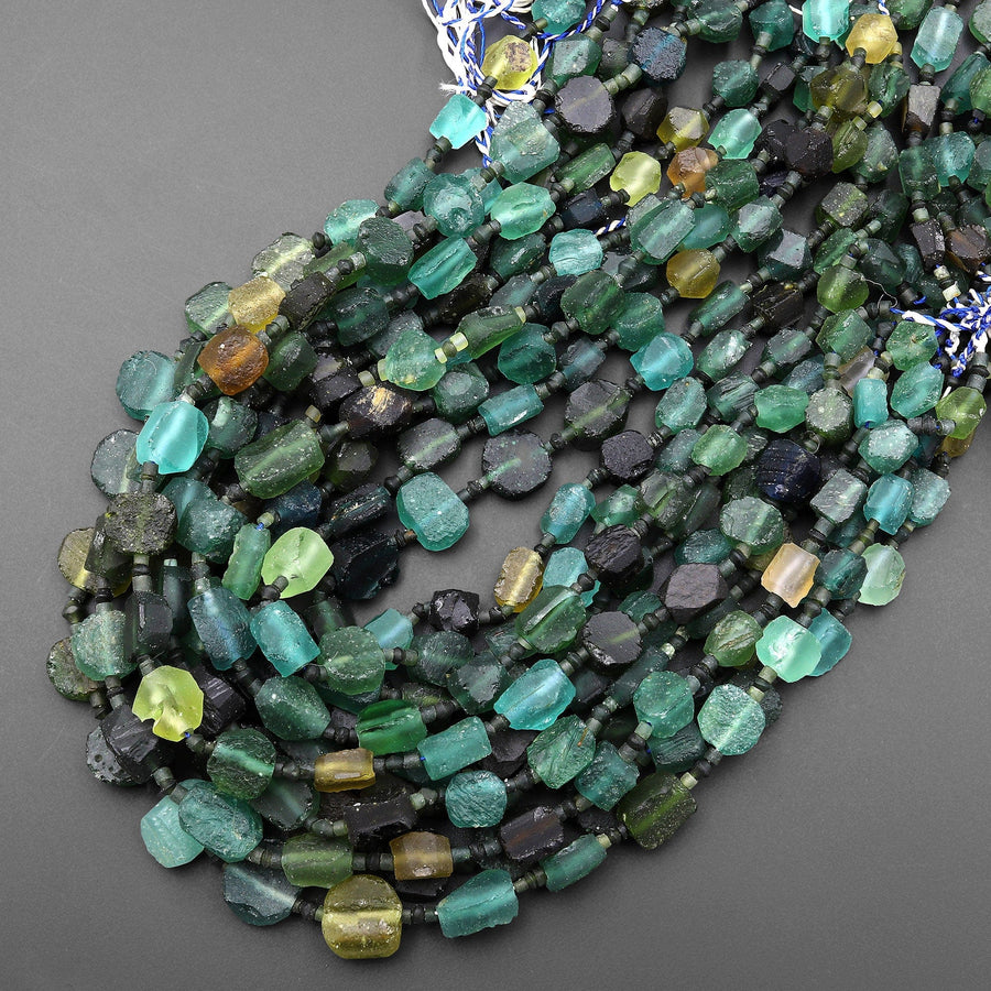 Genuine Ancient Roman Glass Dark Green Nugget Beads Antique Vintage 15" Strand