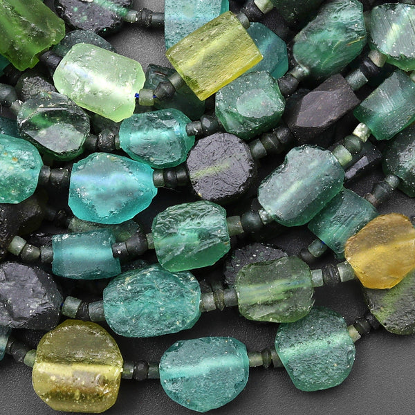 Genuine Ancient Roman Glass Dark Green Nugget Beads Antique Vintage 15" Strand