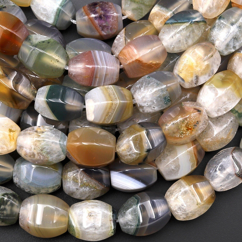 Rare Faceted Natural Phantom Agate Beads Twisted Spiral Drum Gemstone 15.5" Strand