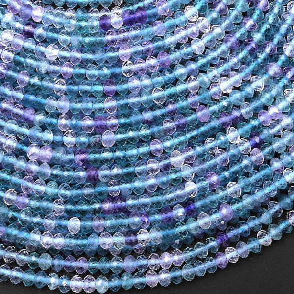 AAA Natural Fluorite Faceted 3mm Rondelle Beads Translucent Blue Green Purple Gemstone 15.5" Strand