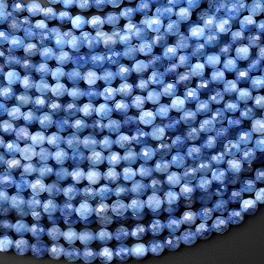 AAA Faceted Natural Blue Santa Maria Aquamarine 3mm 4mm Round Beads 15.5" Strand