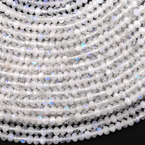 AAA Natural Rainbow Moonstone Faceted Lantern Rondelle Beads 4mm High Quality Blue Flashes 15.5" Strand