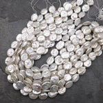 Large Natural White Coin Oval Coin Pearl Iridescent High Quality Real Genuine Freshwater Pearls 15.5" Strand