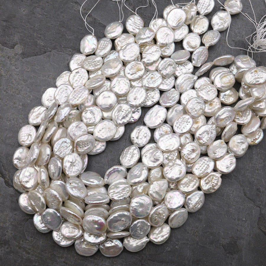 Large Natural White Coin Oval Coin Pearl Iridescent High Quality Real Genuine Freshwater Pearls 15.5" Strand