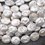Large Natural White Coin Oval Coin Pearl Iridescent High Quality Real Genuine Freshwater Pearls 15.5" Strand