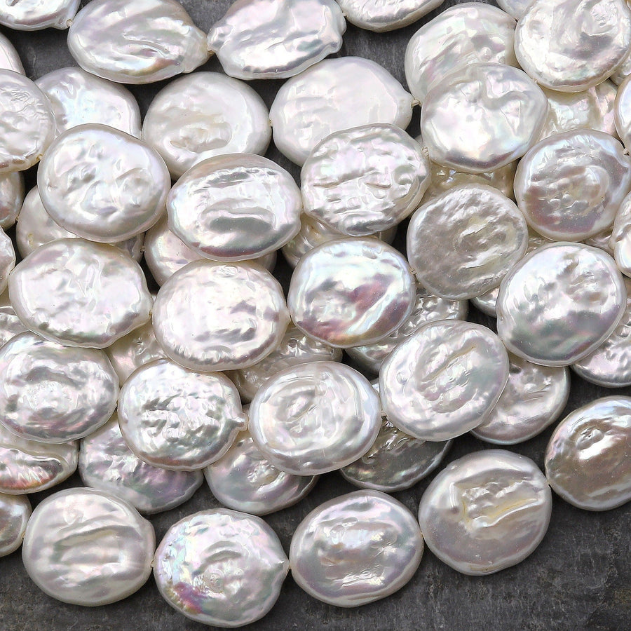 Large Natural White Coin Oval Coin Pearl Iridescent High Quality Real Genuine Freshwater Pearls 15.5" Strand