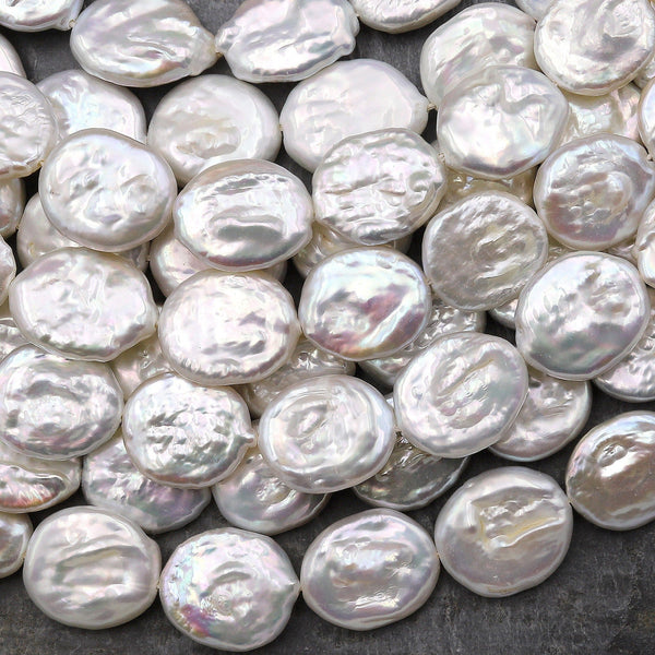 Large Natural White Coin Oval Coin Pearl Iridescent High Quality Real Genuine Freshwater Pearls 15.5" Strand