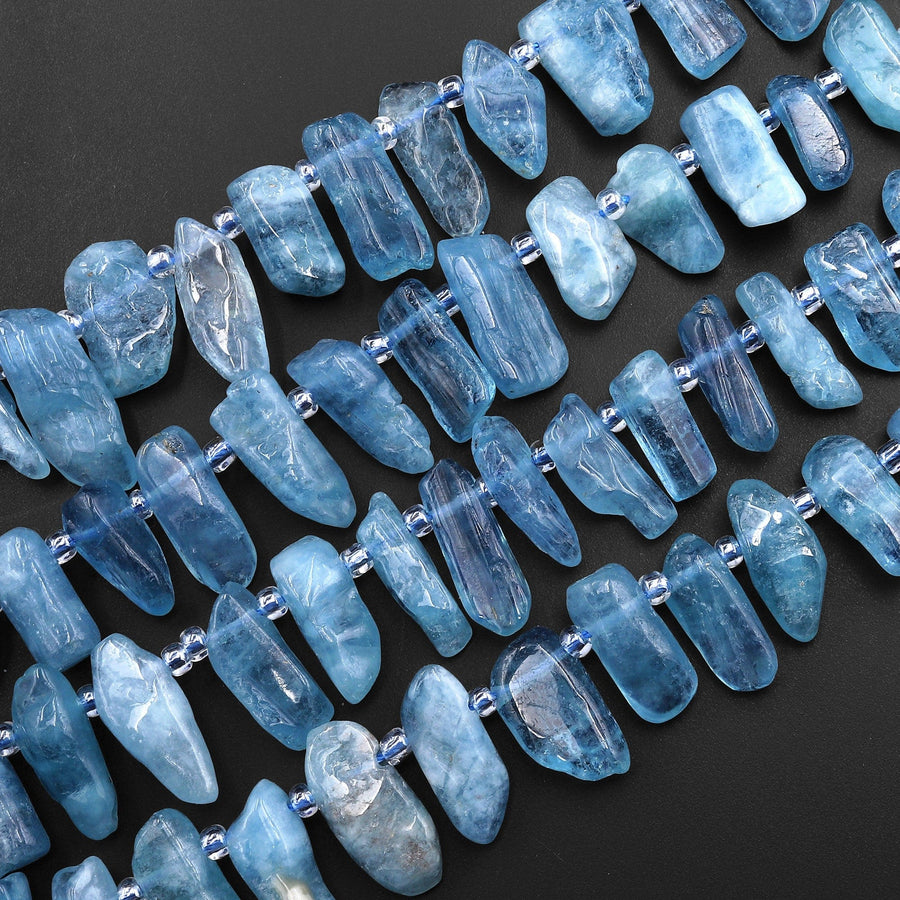 Rare Natural Blue Santa Maria Aquamarine Freeform Top Side Drilled Rectangle Beads 15.5" Strand