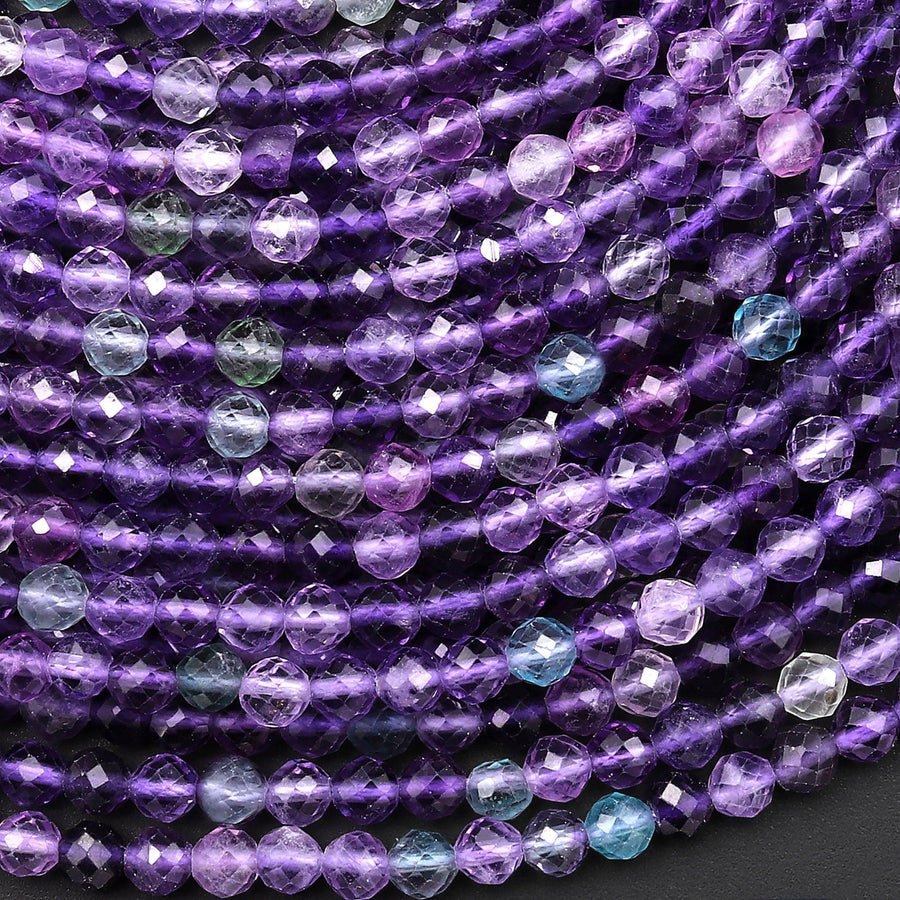 AAA Natural Fluorite Faceted 3mm 4mm Round Beads Gemmy Purple Gemstone 15.5" Strand