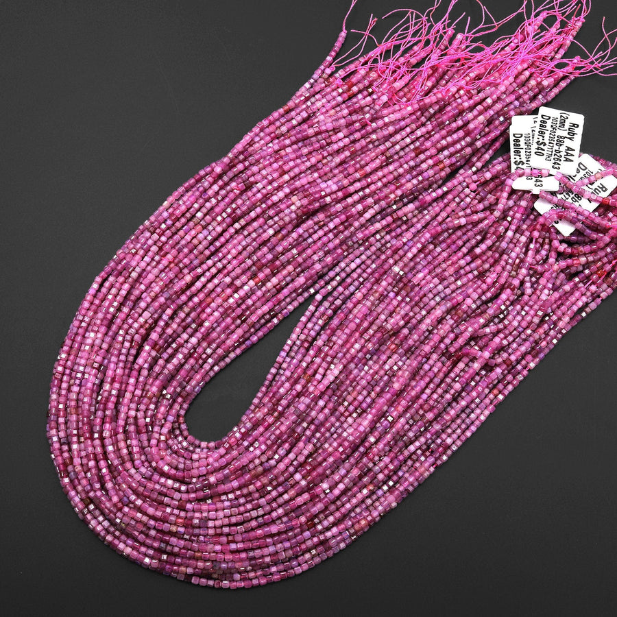 AAA Real Genuine Natural Pink Burma Ruby Faceted 2mm Cube Dice Square Beads Micro Faceted Laser Diamond Cut 15.5" Strand