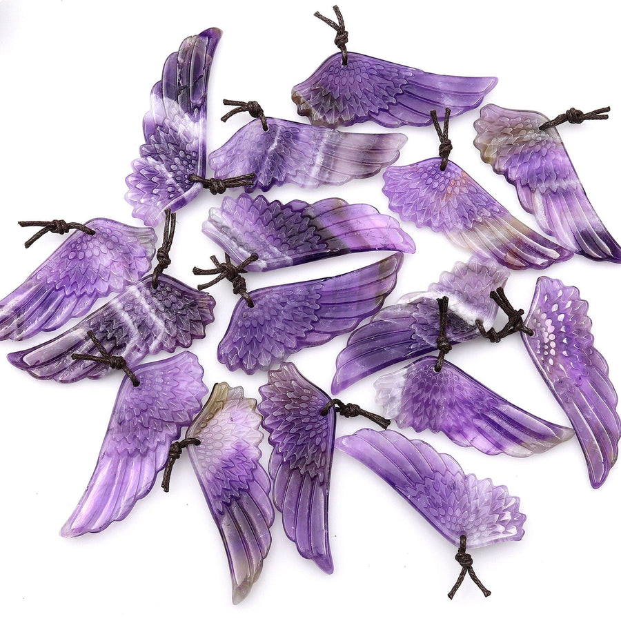 AAA Hand Carved Natural Amethyst Angel Wing Pendant Focal Bead Drilled Gemstone