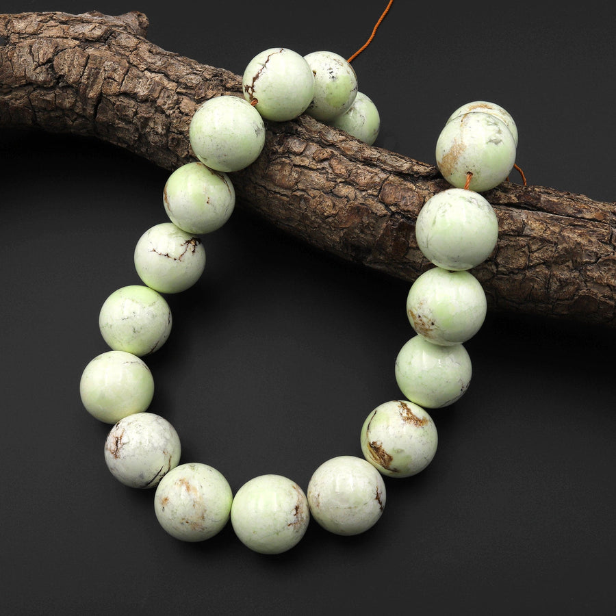 Large Natural Lemon Chrysoprase Round 22mm Beads Soft Yellow Green Brown Gemstone 15.5" Strand