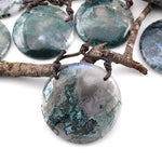 AAA 2 Hole Pendant Large Natural Green Moss Agate Circular Round Pendant Gemstone Focal Bead