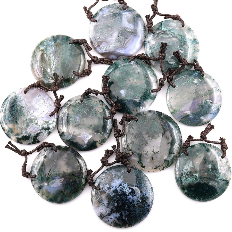 AAA 2 Hole Pendant Large Natural Green Moss Agate Circular Round Pendant Gemstone Focal Bead