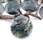 AAA 2 Hole Pendant Large Natural Green Moss Agate Circular Round Pendant Gemstone Focal Bead