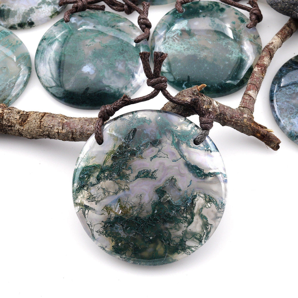 2 Hole Pendant Large Natural Green Moss Agate Circular Round Pendant Gemstone Focal Bead A3