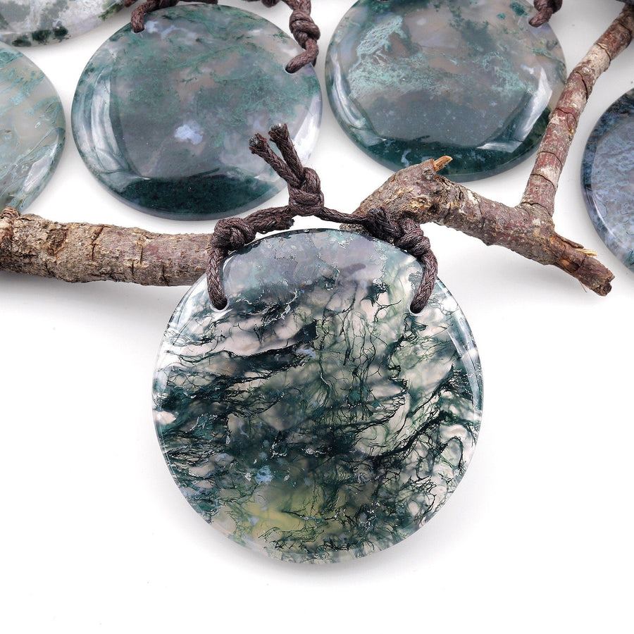 2 Hole Pendant Large Natural Green Moss Agate Circular Round Pendant Gemstone Focal Bead A6