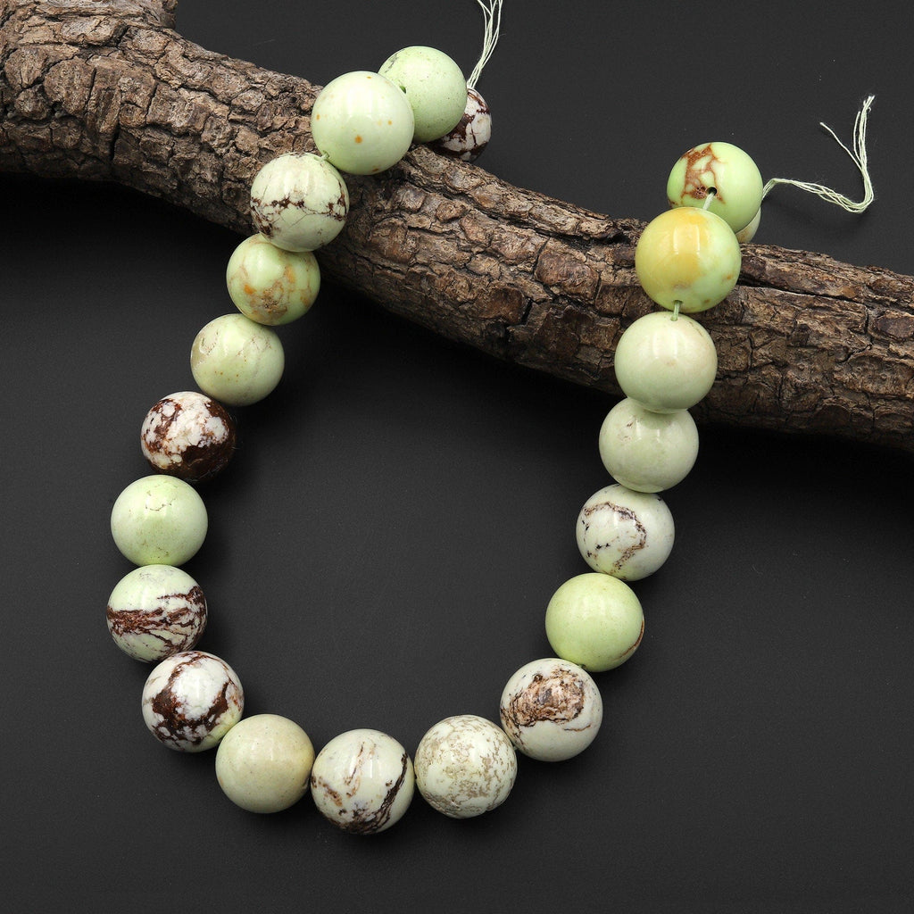 Large Natural Lemon Chrysoprase Round 20mm Beads Soft Yellow Green Brown Gemstone 15.5" Strand