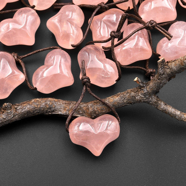 AAA Natural Rose Quartz Puffy Heart Pendant Side Drilled Peach Pink Gemstone Crystal Focal Bead