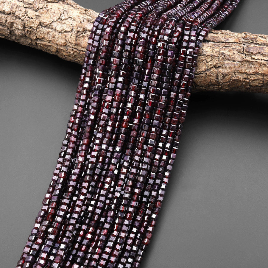 Natural Red Garnet 3mm 4mm Faceted Cube Square Dice Beads 15.5" Strand