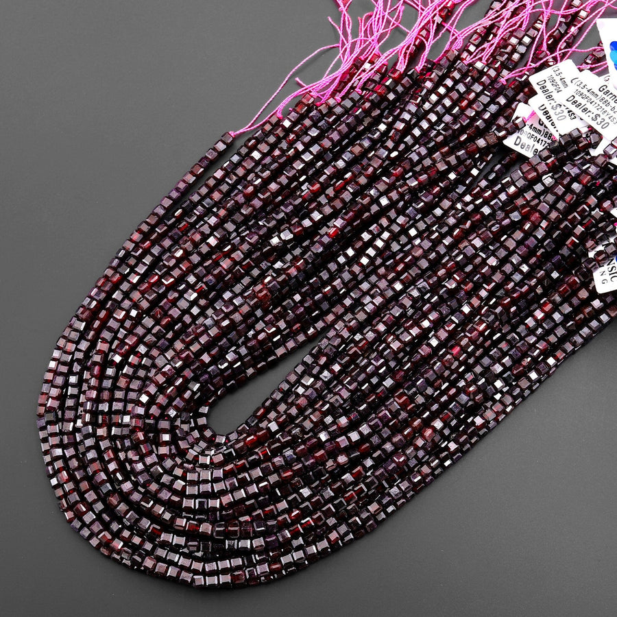 Natural Red Garnet 3mm 4mm Faceted Cube Square Dice Beads 15.5" Strand