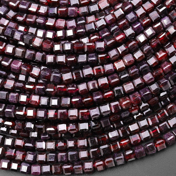 Natural Red Garnet 3mm 4mm Faceted Cube Square Dice Beads 15.5" Strand