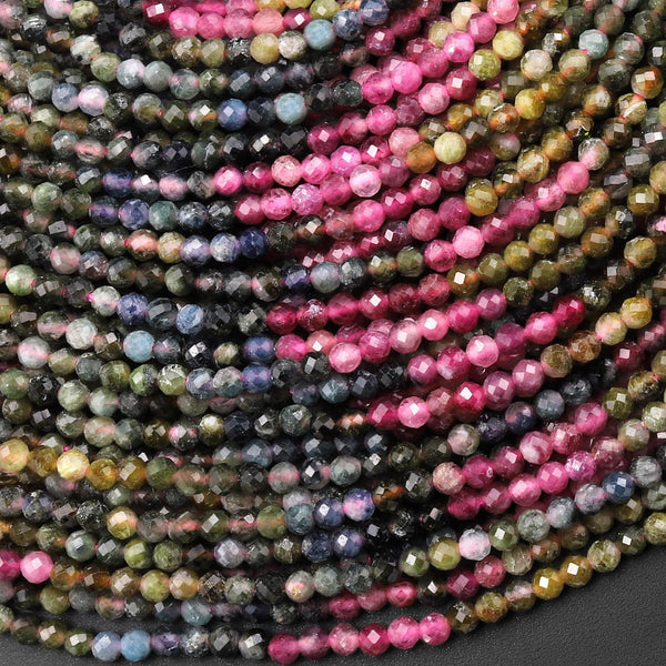 Faceted Natural Pink Green Blue Tourmaline Round Beads 2mm 3mm Gemstone 15.5" Strand