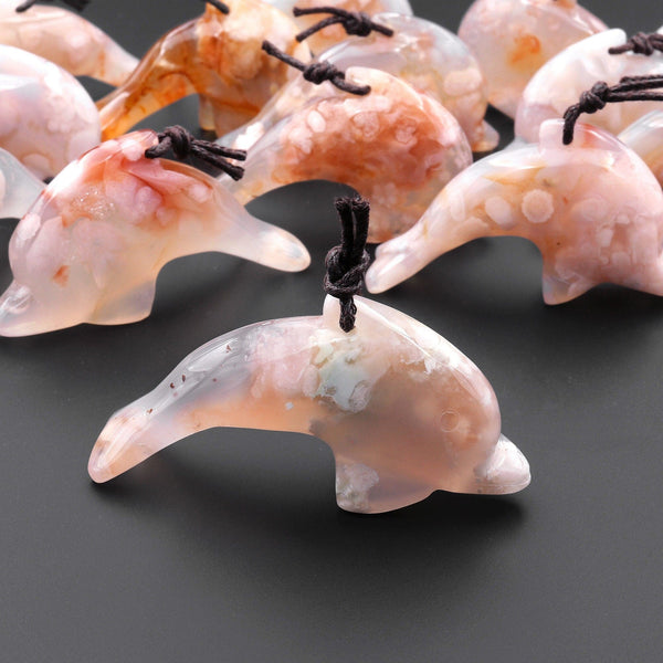 AAA Natural Cherry Blossom Agate Dolphin Gemstone Pendant Aka Flower Agate A6