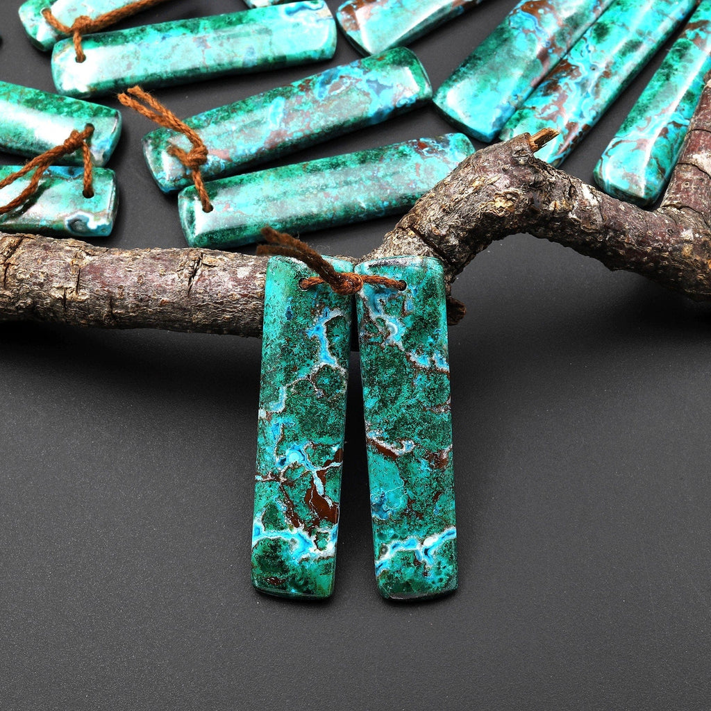 Rare Natural Malachite Chrysocolla Earring Rectangle Pair Gemstone Drilled Matched Cabochon Beads From Australia A1