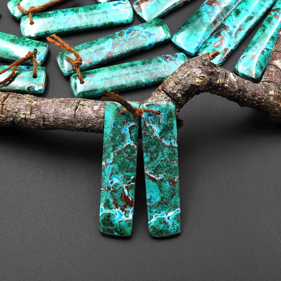 Rare Natural Malachite Chrysocolla Earring Rectangle Pair Gemstone Drilled Matched Cabochon Beads From Australia A1