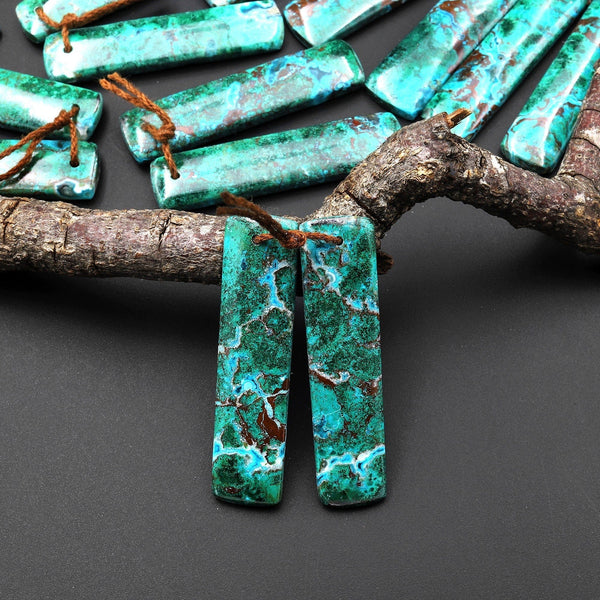 Rare Natural Malachite Chrysocolla Earring Rectangle Pair Gemstone Drilled Matched Cabochon Beads From Australia