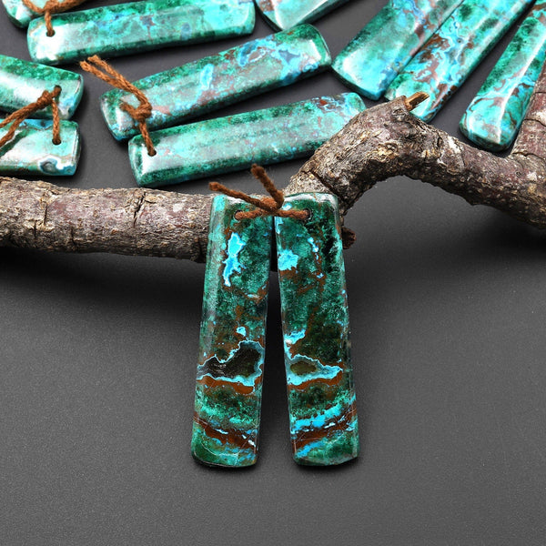 Rare Natural Malachite Chrysocolla Earring Rectangle Pair Gemstone Drilled Matched Cabochon Beads From Australia A3