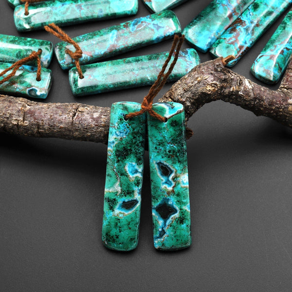 Rare Natural Malachite Chrysocolla Earring Rectangle Pair Gemstone Drilled Matched Cabochon Beads From Australia A4