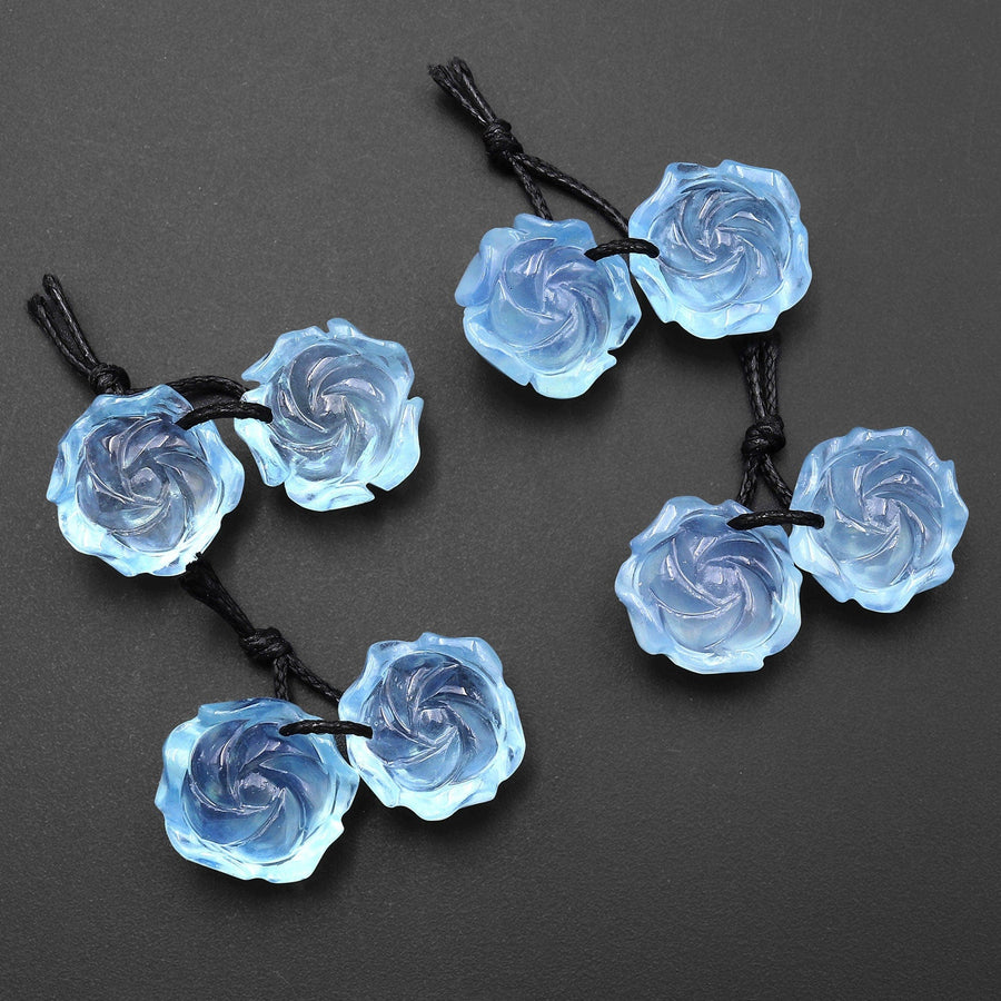 AAA Hand Carved Natural Blue Aquamarine Rose Flower Earring Pair Drilled Gemstone Matched Beads