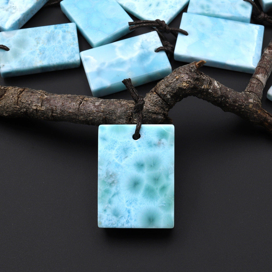 Natural Blue Larimar Rectangle Square Pendant Drilled Genuine Real Blue Larimar Gemstone Focal Bead